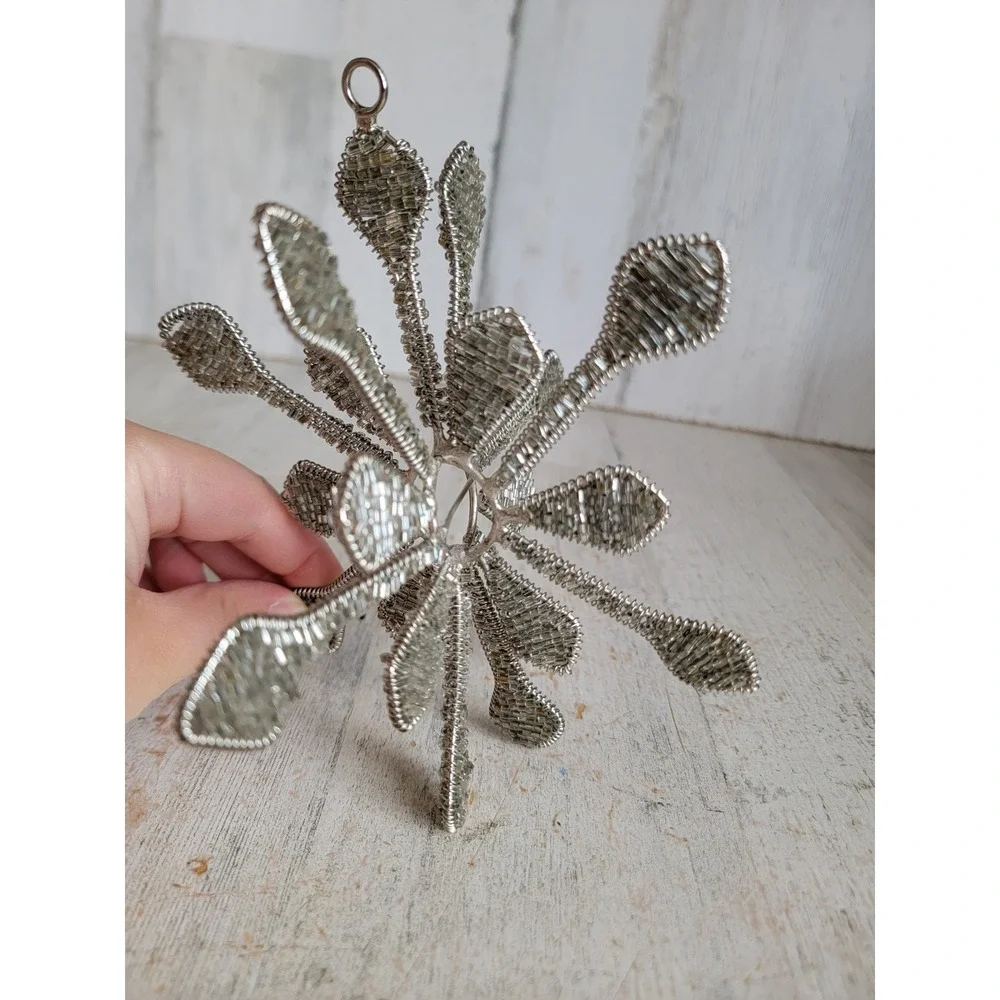 Vintage large beaded silver snowflake ornament Xmas unique 3D home decor